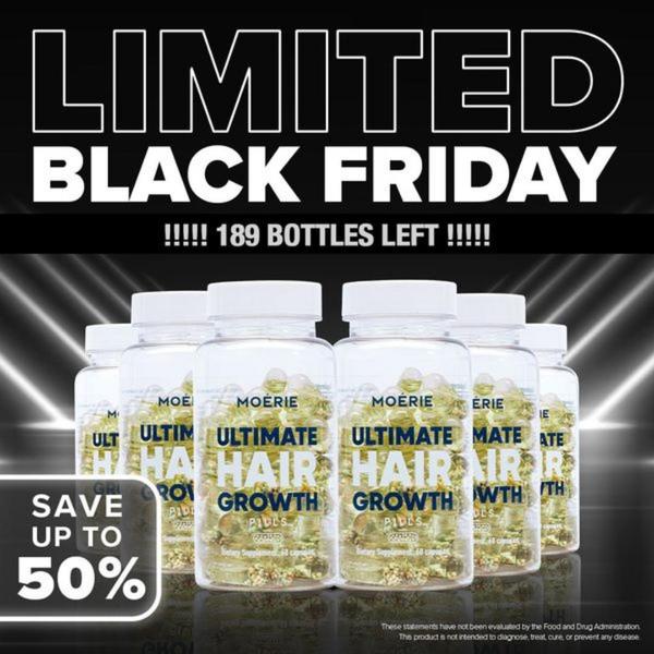 A high-contrast, scarcity-driven ad creative for hair growth supplement bottles featuring a bold offer and a countdown-style urgency message.
